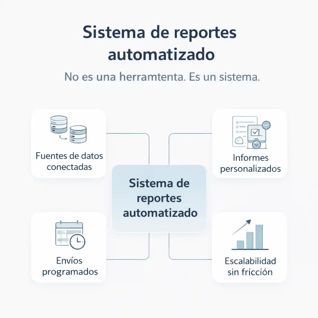 Sistema de reportes automatizado con fuentes de datos conectadas, informes personalizados, envíos programados y escalabilidad